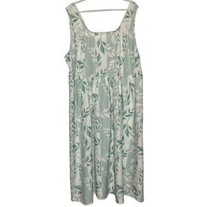 Women’s White Green Mint Leaf‎ Print Sleeveless Square Neckline Dress Size 2XL
